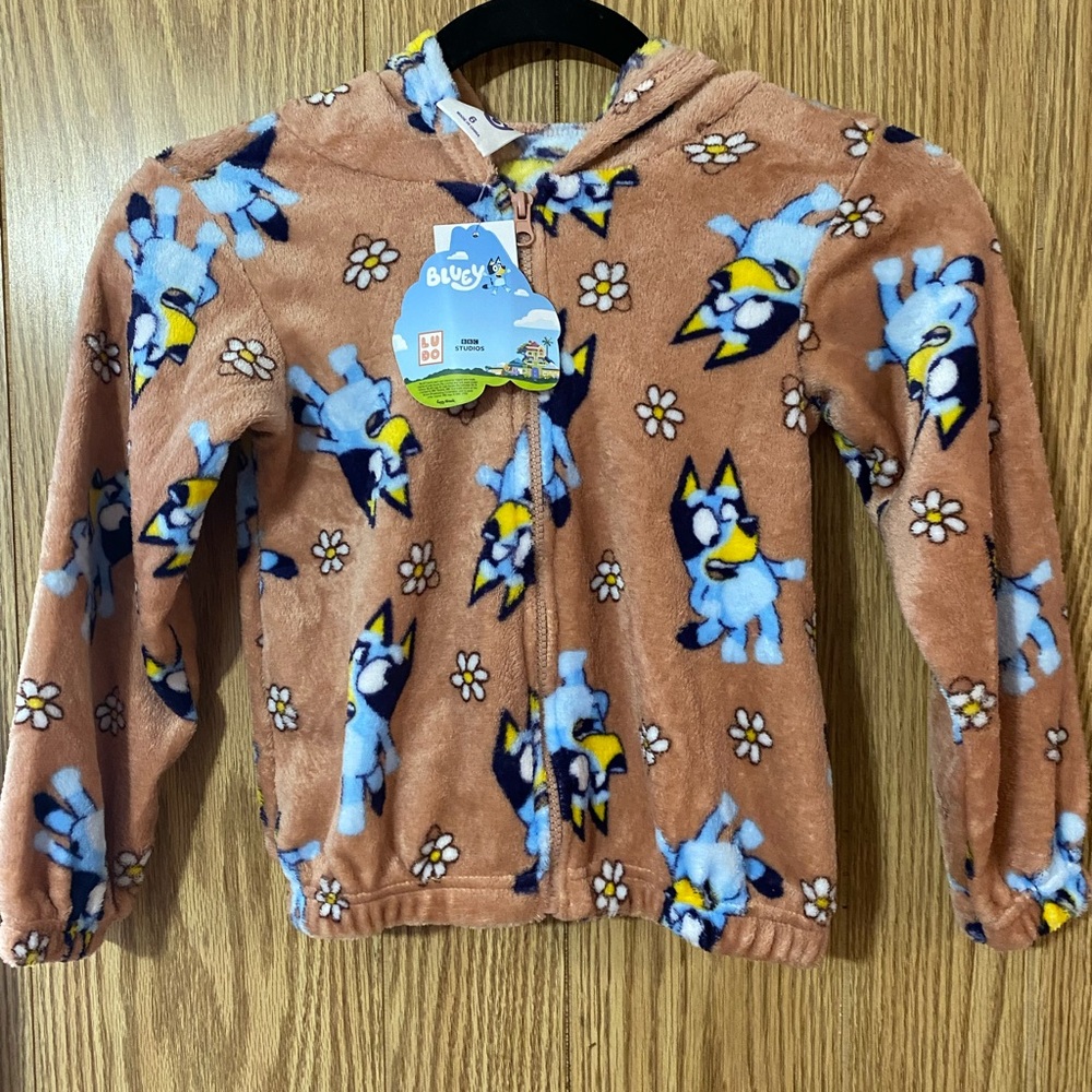 Bluey Kids' Plush Zip Hoodie - Tan with Blue Character Print